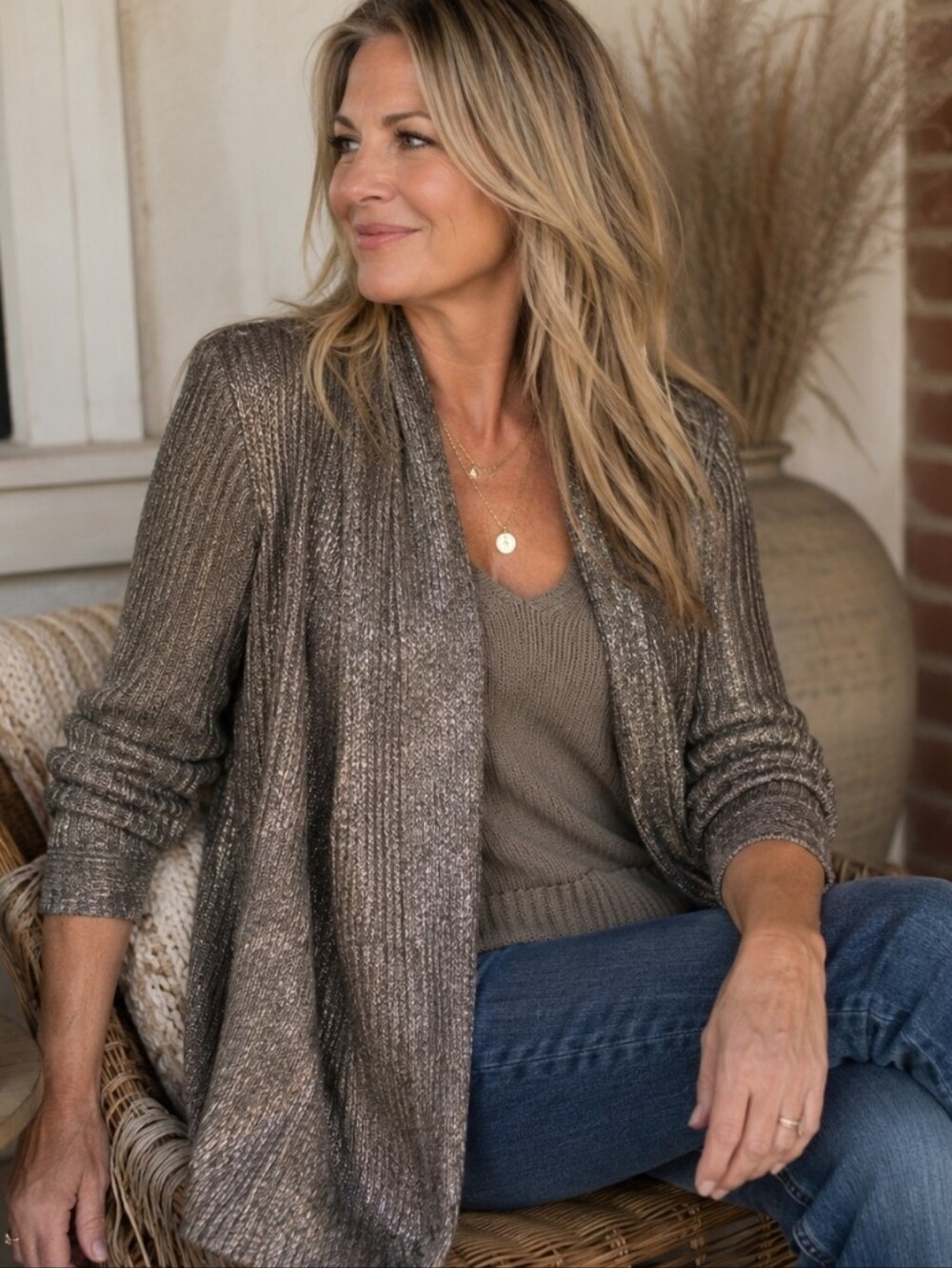 Chico's Metallic Ribbed Open Front Cardigan Bronze Shimmer Knit Sweater Size 1 M